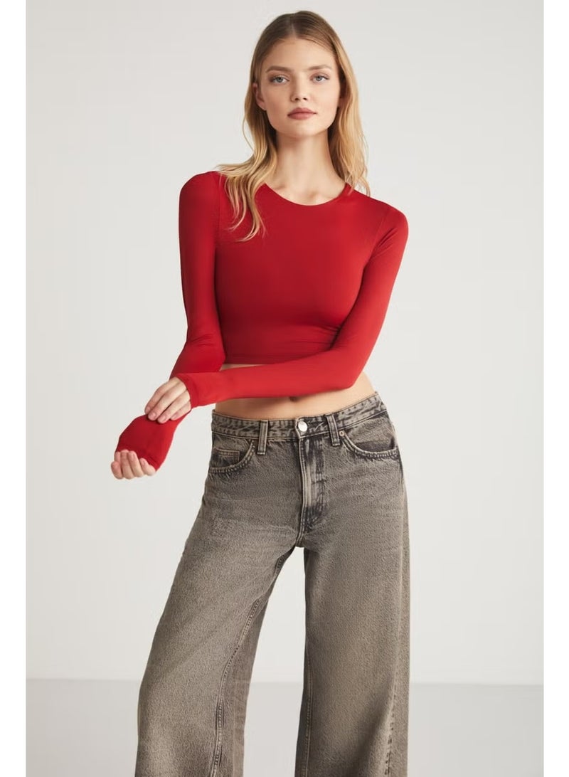 GRIMELANGE Jovana Women's Crew Neck Flexible Long Sleeve Crop Red Blouse - Image 1